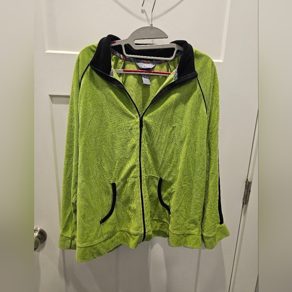 Koret Full Zip Jacket XL Lime Green Textured Knit Contrast Trim Pockets Cotton